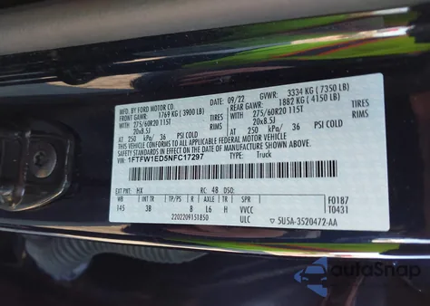 2022 Ford F-150 Platinum z USA, uszkodzony, nr VIN 1FTFW1ED5NFC17297